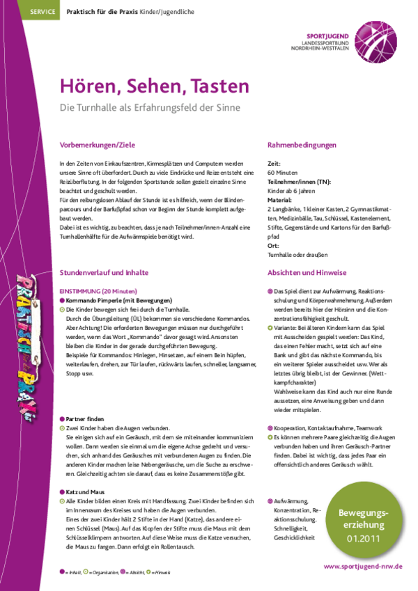 Bewegungserziehung Stundenbeispiel: Hören, Sehen, Tasten